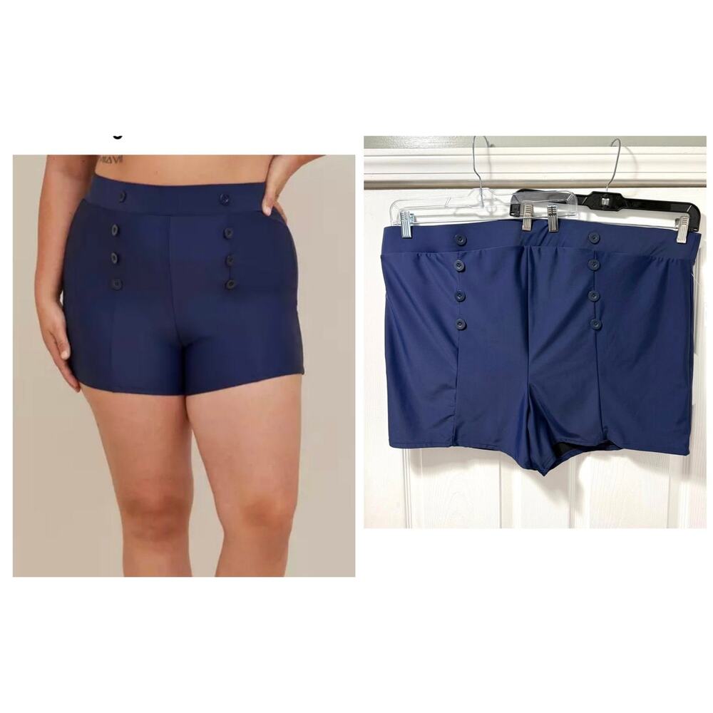 Torrid 5 (5X 28) Navy Retro Chic Ultra High‎ Waist Button Detail Swim Shorts